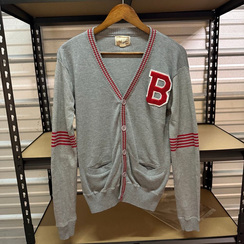 Vintage Grey Varsity Cardigan Red B Patch Women's Size S LR Scoop